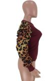 Wine Red Nylon O Neck Long Sleeve Leopard Print Patchwork Slim fit 