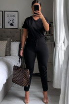 Black venetian Casual Fashion Ma'am adult Patchwork Two Piece Suits Solid pencil Short Sleeve Two-piece P