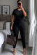 Black venetian Casual Fashion Ma'am adult Patchwork Two Piece Suits Solid pencil Short Sleeve Two-piece P
