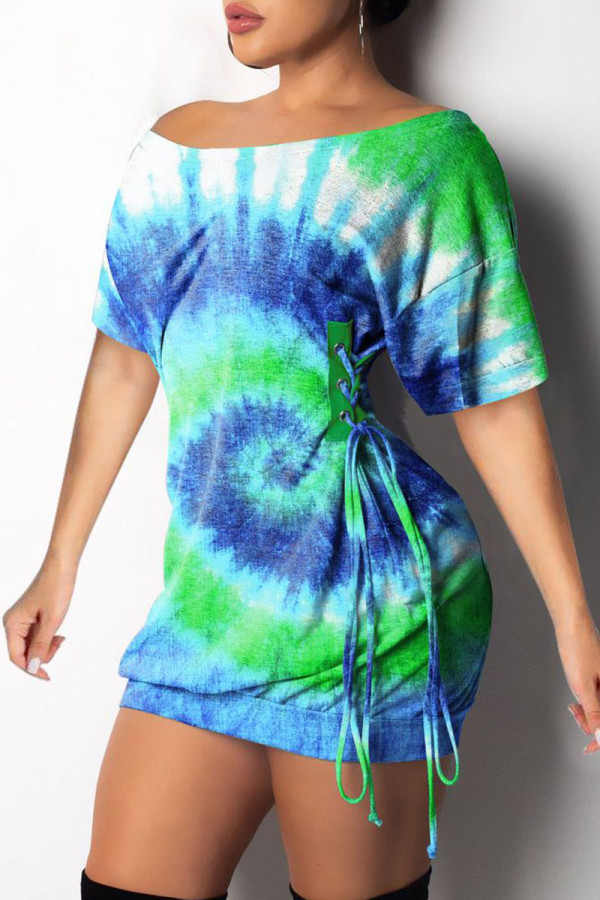 Green Fashion Sexy Patchwork Print bandage One word collar Hip skirt Dresses