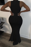Black Lightly cooked Sleeveless O neck Swagger Floor-Length Solid Dresses