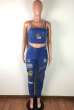 Blue Sexy Embroidery Embroidered Make Old Patchwork Backless Spaghetti Strap Sleeveless Short Two Pieces