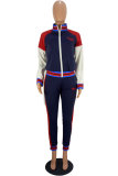 Blue Elastic Fly Mid Patchwork Letter Regular Pants Two-piece suit