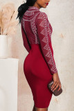 Burgundy Street Print See-through Mesh O Neck Pencil Skirt Dresses