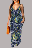 Blue Sexy Print Patchwork Spaghetti Strap Straight Dresses