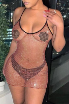 Pink Sexy Solid See-through Spaghetti Strap Pencil Skirt Dresses
