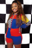 Multi-color Elastic Fly Long Sleeve Mid Patchwork Asymmetrical Loose shorts Two-piece suit