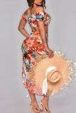 Pink Sexy Print Patchwork Frenulum High Opening Asymmetrical Off the Shoulder Short Sleeve Two Pieces