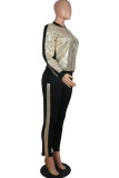 Red Fashion Active adult Patchwork Sequin Gradient Two Piece Suits pencil Long Sleeve Two Pieces