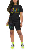 Black Fashion Casual adult Letter Patchwork Print Two Piece Suits pencil Short Sleeve Two Pieces