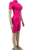 Rose Red Casual Solid Patchwork Half A Turtleneck Short Sleeve Two Pieces