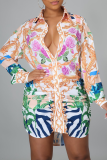Multicolor Casual Print Patchwork Turndown Collar Shirt Dress Dresses