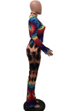 Gold venetian Fashion Active adult Ma'am Leopard Print Two Piece Suits Straight Long Sleeve Two Pieces