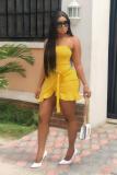Yellow Sexy adult Fashion Street Spaghetti Strap Sleeveless Slip Asymmetrical split ruffle Solid