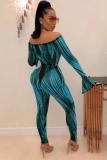 Blue Sexy Fashion adult Patchwork Two Piece Suits Striped Print pencil Long Sleeve