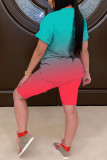 Blue Red Casual Gradual Change Patchwork O Neck Short Sleeve Two Pieces