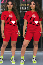 Red Fashion Active adult Ma'am Print Two Piece Suits pencil Short Sleeve Two Pieces