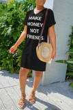 Black Fashion Casual White Black Sleeve Short Sleeves V Neck Straight Knee-Length Print Dresses