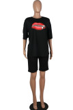 Red Fashion Casual adult Ma'am Print Two Piece Suits Lips Print Straight Short Sleeve Two Pieces