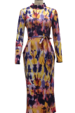 Blue Sexy Print Patchwork Half A Turtleneck Pencil Skirt Dresses