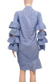 Red Fashion Long Sleeves Turndown Collar Asymmetrical Knee-Length ruffle hollow out Striped 