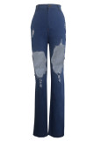 Dark Blue Denim Button Fly Sleeveless High Hole Patchwork Solid pencil Pants Pants