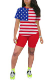 Red Fashion Sexy Striped Print Two Piece Suits Straight Short Sleeve Two Pieces