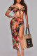 Black Sexy Print Patchwork Frenulum High Opening Asymmetrical Off the Shoulder Short Sleeve Two Pieces