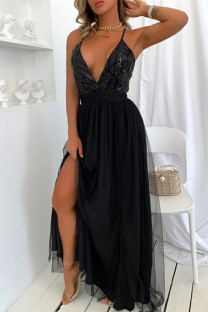 Black Sexy Patchwork Sequins Backless Spaghetti Strap Long Dress
