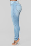 Blue Denim Button Fly Sleeveless Mid Patchwork Solid pencil Pants Pants