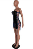 Blue Fashion Sexy Patchwork Backless Strap Design Strapless Sleeveless Dress