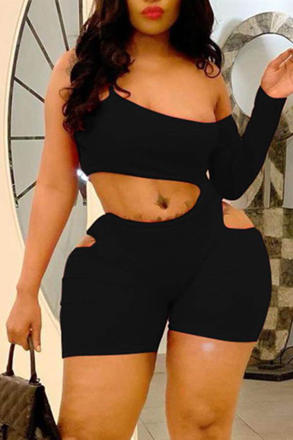 Black Fashion Sexy Solid Hollowed Out Backless Spaghetti Strap Skinny Romper