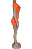 Tangerine Red Sportswear Solid Patchwork U Neck Short Sleeve Two Pieces
