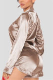 Light Brown Casual Living Letter Embroidery Basic Turndown Collar Long Sleeve Two Pieces