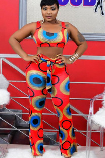 Red Sexy Print Boot Cut Sleeveless Two-piece Pants Set