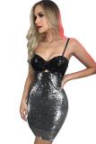 Silver adult Fashion Sexy Spaghetti Strap Sleeveless Slip Step Skirt skirt Sequin Solid Club Dre