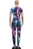 purple Fashion Casual Print Two Piece Suits pencil Short Sleeve Two Pieces
