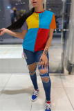 Blue Fashion Casual Patchwork Basic O Neck T-Shirts