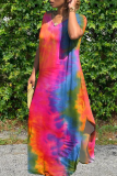 Green Casual Patchwork Tie-dye Slit V Neck Straight Dresses