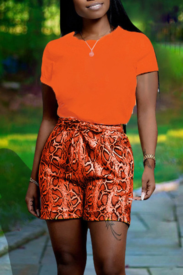 Orange Casual Print Patchwork O Neck Short Sleeve Two Pieces