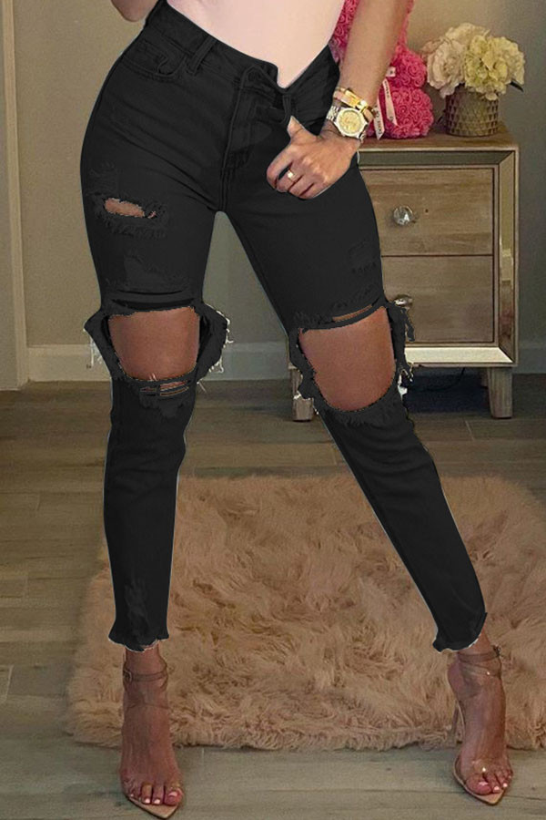 Black Casual Solid Ripped Buttons Pants High Waist Skinny Denim