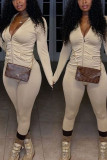 White Fashion Sexy Solid Zipper Collar Long Sleeve Regular Sleeve Regular Two Pieces