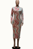Green Sexy Milk Fiber Print O Neck Long Sleeve Ankle Length Pencil Skirt Dresses