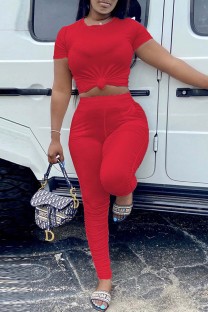 Red Fashion Casual Solid Basic O Neck Short Sleeve Two Pieces