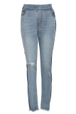 Light Blue Denim Elastic Fly Sleeveless High Hole Solid washing Patchwork pencil Pants 