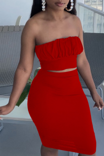 Red Sexy Solid Patchwork Strapless Sleeveless Two Pieces