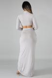 Grey Fashion Sexy Solid Two Piece Suits asymmetrical Slim fit crop top Split Skinny Long Sleeve