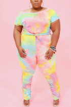 Yellow Fashion Casual adult Ma'am O Neck Tie Dye Two Piece Suits Plus Size