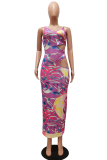 Red Sexy Print Hollowed Out Spaghetti Strap Pencil Skirt Dresses