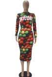 Yellow Fashion Casual Adult Print Patchwork O Neck Long Sleeve Knee Length A Line Dresses